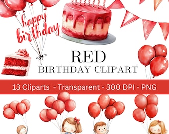 Könnte beinhalten: Roter Geburtstags-Clipart-Set mit 13 Bildern, darunter ein roter Samtkuchen mit Kerzen, rote Ballons, ein roter Samt-Cupcake und rote Wimpelketten. Der Text "happy birthday" ist in Weiß auf rotem Hintergrund geschrieben.