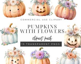 Pumpkin Clipart Bundle, Watercolor Fall Clipart, Autumn Pumpkin PNG, Halloween Clipart, Digital Download
