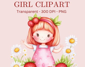 Strawberry Girl, uso commerciale, PNG trasparente, Clipart ragazze, download digitale, PNG fragola, Clipart primo compleanno fragola