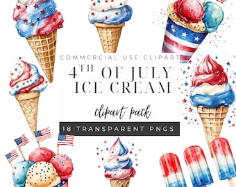 4th of July Ice Cream Clipart PNG, Patriotic Popsicle Clipart, Independence Day Summer Clipart, Fourth of July Party, Watercolor Ice Cream