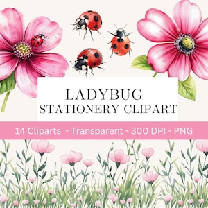 Marienkäfer Briefpapier und Geburtstagseinladung Clipart, kommerzielle Nutzung, Süßer Marienkäfer Png, Frühling Clipart, Marienkäfer Clipart, Kinderzimmer Dekor