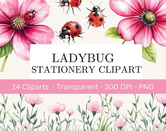 Ladybug Stationery and Birthday Invitation Clipart, Commercial Use, Cute Ladybug Png, Spring Clipart, Ladybug Clipart, Nursery Decor