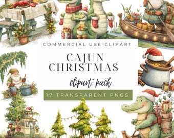 Cajun Christmas Clipart, Watercolor Santa & Alligator Art, Digital Download for Southern Louisiana Crafts