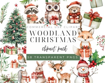 Imágenes prediseñadas de regalos navideños en el bosque - Imágenes prediseñadas de bosques navideños - Gráficos de bosque en acuarela - Diseño de regalos navideños - Descarga digital