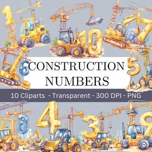 Véhicules de construction numéros 1-10 Clipart, camion de construction, 10 Clipart aquarelle de construction PNG, des cliparts commerciaux, téléchargement immédiat