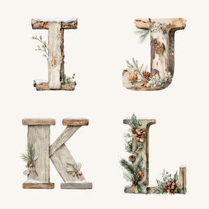 May include: Four wooden letters, I, J, K, and L, are decorated with winter foliage and snow. The letters are made of light brown wood and accented with pinecones, greenery, and a dusting of snow, creating a rustic, seasonal aesthetic.