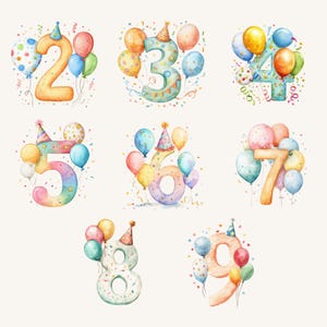 May include: Watercolor illustrations of numbers 2 through 9, each surrounded by colorful balloons, confetti, and a party hat. The numbers are in various colors, including orange, blue, and pink, perfect for birthday celebrations.
