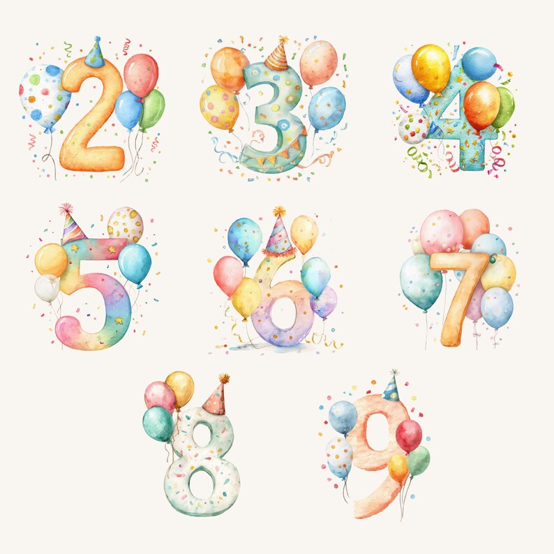May include: Watercolor illustrations of numbers 2 through 9, each surrounded by colorful balloons, confetti, and a party hat. The numbers are in various colors, including orange, blue, and pink, perfect for birthday celebrations.