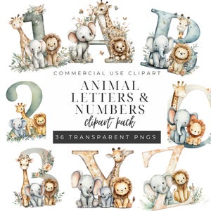 May include: Watercolor clipart pack featuring animal letters and numbers. Each letter and number is decorated with a giraffe, elephant, and lion. The text "ANIMAL LETTERS & NUMBERS clipart pack" is displayed.
