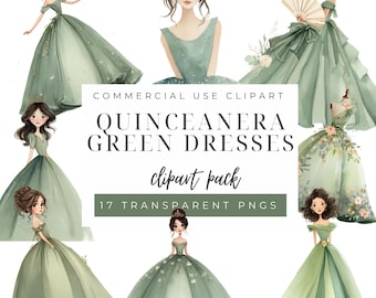 Saliegroen clipart quinceanera, gebloemde jurk png, digitale download, feestdecoraties, elegante jurkelementen