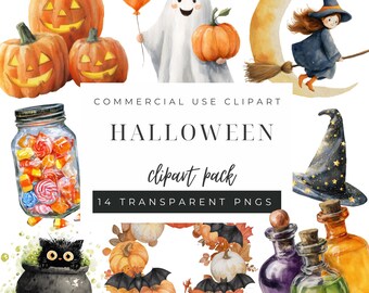 Clipart di Halloween ad acquerello, adorabili fantasmi e zucche, download digitale per lavori creativi, uso commerciale
