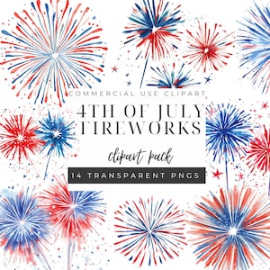 Bundle de cliparts feu d'artifice, 4 juillet téléchargement numérique, clipart aquarelle patriotique, Images PNG de haute qualité