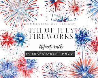 4th of July Firework Clipart PNG, Watercolor Fireworks Clipart, Independence Day, Patriotic Party Clipart, Fourth of July Digital Download