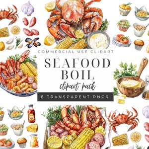 Könnte beinhalten: Aquarell-Clipart-Paket mit einem Meeresfrüchte-Boil mit Krabben, Garnelen, Maiskolben, Zitronen und anderen Zutaten. Der Text "SEAFOOD BOIL clipart pack" wird angezeigt. Enthält 6 transparente PNGs.