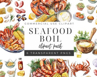 May include: Watercolor clipart pack featuring a seafood boil with crabs, shrimp, corn on the cob, lemons, and other ingredients. The text "SEAFOOD BOIL clipart pack" is displayed. Includes 6 transparent PNGs.