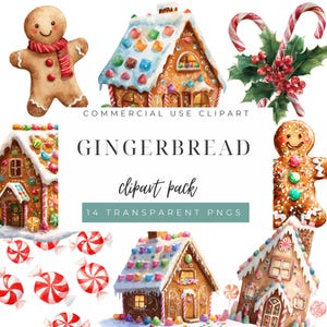 May include: Watercolor clipart pack featuring gingerbread houses, gingerbread men, candy canes, and candies. The text "GINGERBREAD clipart pack" is displayed. The image includes 14 transparent PNGs.