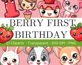 Decorazioni per il primo compleanno della fragola, PNG del primo compleanno del bambino di Berry, Clipart di frutta, Clipart di fragole Kawaii, Download digitale