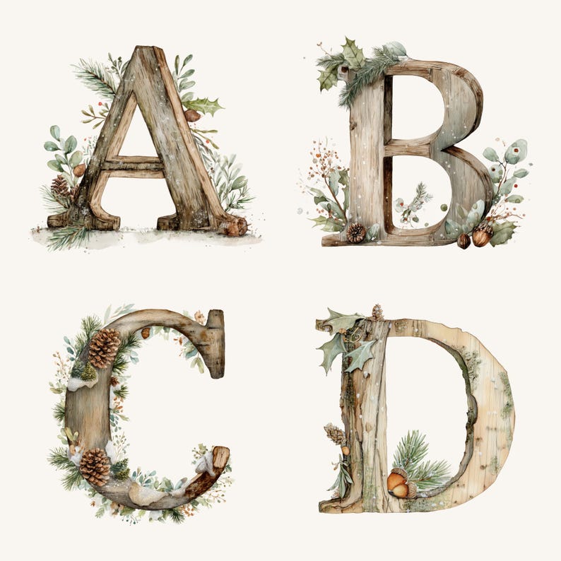 May include: Watercolor illustration of the letters A, B, C, and D, each crafted from weathered wood. The letters are adorned with winter greenery, pinecones, and acorns, creating a rustic, seasonal aesthetic. The letters are set against a neutral background.