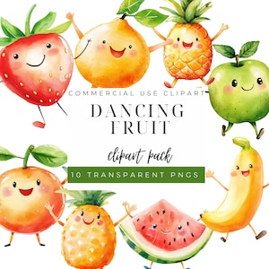 Tanzendes Obst Geburtstag PNG, niedliche Clipart für Kinder, digitaler Download, lustige Party Grafiken, erster Geburtstag Kunst