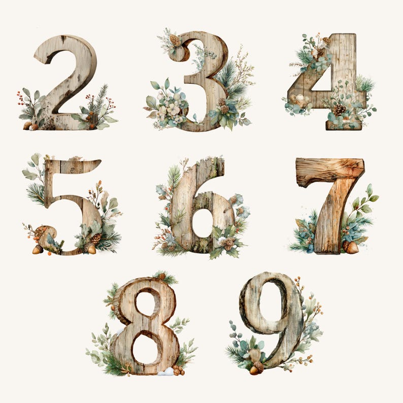 May include: A collection of wooden numbers from two to nine, each adorned with botanical elements. The numbers have a rustic, weathered appearance, with a light brown color. Each number is decorated with greenery, pinecones, and small flowers, creating a natural, decorative theme.