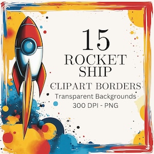 Weltraum Clipart, digitale Rahmen, quadratisch und rechteckig Rakete PNG Rahmen, Rahmen Clipart, kommerzielle Nutzung, Sofort Download, Clip Art Rahmen
