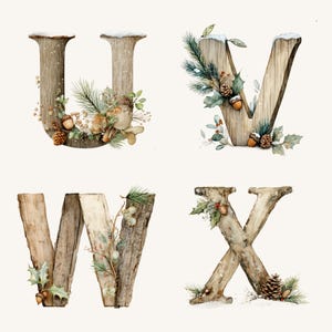 May include: Four wooden letters, U, V, W, and X, are decorated with winter foliage. Each letter is made of weathered wood and adorned with pine needles, berries, and pinecones. The letters have a snowy top, creating a festive, seasonal theme.