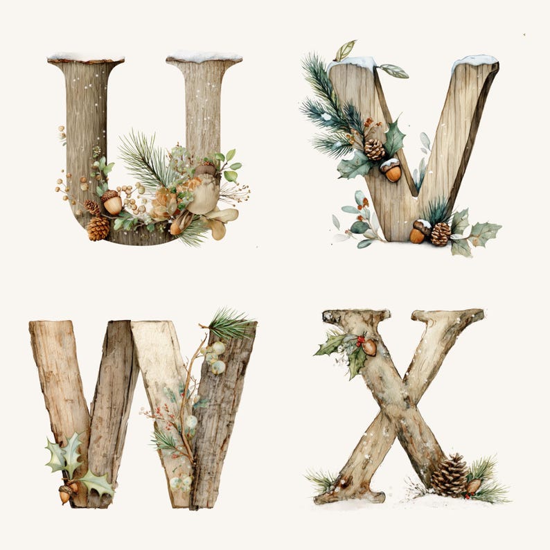 May include: Four wooden letters, U, V, W, and X, are decorated with winter foliage. Each letter is made of weathered wood and adorned with pine needles, berries, and pinecones. The letters have a snowy top, creating a festive, seasonal theme.