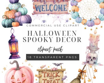 Straszne dekoracje, pakiet różowych klipartów na Halloween, pastelowe akwarele PNG, urocze duchy i dynie, sztuka cyfrowa do rękodzieła