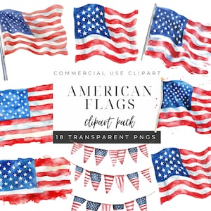 Watercolor American Flag Clipart, High Quality PNGs, Digital Download for Scrapbooking, Patriotic Art