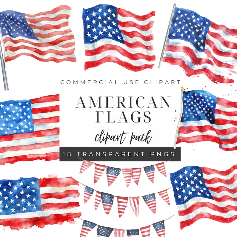Fourth of July Clipart, Watercolor American Flag PNG, Patriotic Party ...