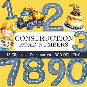Gráficos de veículos de construção para aniversário, clipart de números, aniversário de construção fofo, uso comercial, gráficos digitais