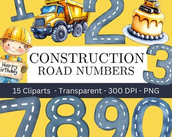 Könnte beinhalten: Ein Satz von zehn Clipart-Bildern mit Bau-Straßenzahlen. Die Zahlen sind blau mit weißen Linien und schwarz umrandet. Die Zahlen sind 1, 2, 3, 7, 8, 9 und 0. Die Zahlen befinden sich auf einem gelben Hintergrund. Der Text "Happy Birthday!" befindet sich auf einem gelben LKW. Der Text "Construction Road Numbers" ist in schwarzer Schrift. Der Text "15 Cliparts - Transparent - 300 DPI - PNG" ist in schwarzer Schrift.