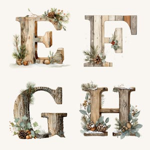 May include: Four wooden letters, E, F, G, and H, are decorated with winter foliage. Each letter is made of wood planks and adorned with pine needles, pine cones, and berries, creating a rustic, seasonal aesthetic.