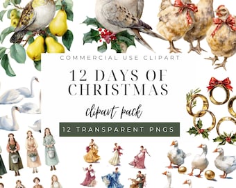 Twelve Days of Christmas Clipart, Whimsical Holiday PNG, Vintage Digital Download, Commercial Use Graphics