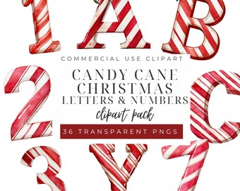 Candy Cane Christmas Alphabet Clipart PNG, Christmas Letters and Numbers, Holiday Banner Letters, Playful Christmas Clipart, Christmas Party