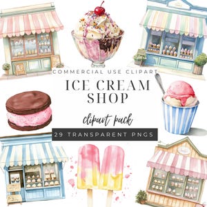 Ice Cream Shop Clipart, Cute Watercolor Digital Download, Commercial Use PNG, Summer Craft Elements, Fun Ice Cream Art for Kids