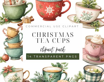 Christmas Tea Cups Clipart, Watercolor PNG Digital Download, Cozy Holiday Art for Scrapbooking & Crafts