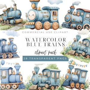 Könnte beinhalten: Aquarellillustrationen von blauen Spielzeugzügen mit braunen Rädern und Akzenten. Das Bild zeigt verschiedene Zugdesigns, einige mit lächelnden Gesichtern, und den Text "Watercolor Blue Trains clipart pack".