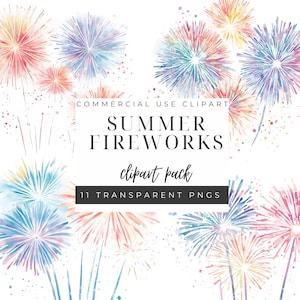 Bundle de cliparts feu d'artifice, 4 juillet téléchargement numérique, clipart aquarelle patriotique, Images PNG de haute qualité
