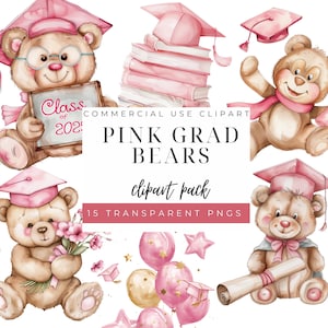 Clipart de urso de formatura rosa, urso de pelúcia fofo PNG, download digital para convites, decorações e scrapbooking