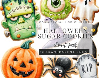 May include: A collection of Halloween-themed sugar cookies featuring a green monster, a one-eyed creature, a white ghost, a black cat, an orange pumpkin, a black spider, and a gray tombstone with the text RIP. Text reads: COMMERCIAL USE CLIPART HALLOWEEN SUGAR COOKIES clipart pack 12 TRANSPARENT PNGS.