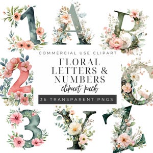 Watercolor Numbers & Letters Clipart, Floral Alphabet PNG, Digital Download, Cute Art for Kids&#39; Projects