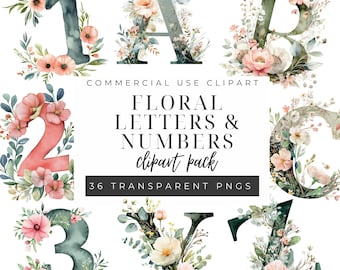Floral Alphabet Clipart PNG, Watercolor Letters and Numbers, Botanical Alphabet PNG, Floral Birthday Banner Letters, Baby Shower Alphabet