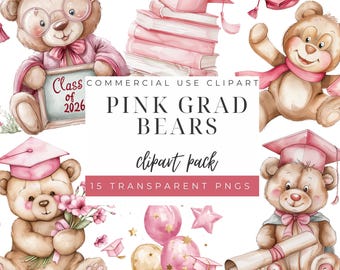 Pink Graduation Bear Clipart PNG, Teddy Bear Graduate Clipart, Girl Graduation Party Clipart, Pink Gold Graduation PNG, Graduation Bear PNG