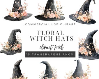 Floral Witch Hat Clipart, Watercolor Halloween PNG, Black Hat with Flowers, Boho Witch Party Graphics