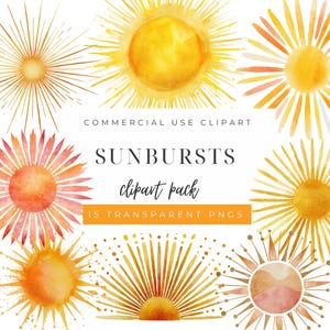 Op de afbeelding: Een verzameling aquarel zonnestralen clipart in tinten geel, oranje en rood. De tekst "SUNBURSTS clipart pack" wordt weergegeven, samen met "15 TRANSPARENT PNGS" en "COMMERCIAL USE CLIPART".