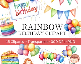 Rainbow Birthday Clipart PNG, Colorful Birthday Party Clipart, Rainbow Balloon Birthday Clipart, Kids Birthday Clipart, Watercolor Party PNG