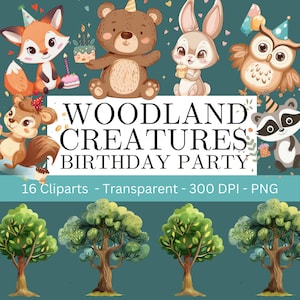 Clipart festa di compleanno creature del bosco / Simpatici animali / Clipart animali della foresta Simpatici animali del bosco / Piccolo orsetto / Uso commerciale
