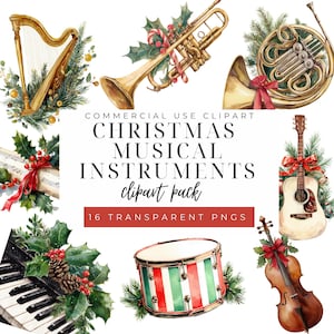 Musical Instrument Christmas Clipart, Digital PNG Bundle, Festive Art, Holiday Music Graphics for Crafts