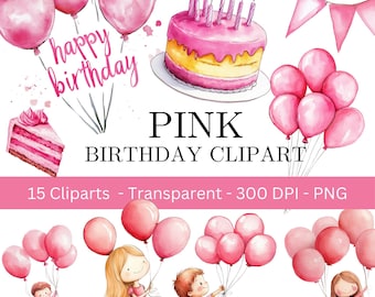 Rosa Geburtstag Clipart PNG, Rosa Geburtstagsparty Clipart, Geburtstag Ballon Rosa Clipart, Mädchen Geburtstag Clipart, Rosa Aquarell Geburtstag PNG
